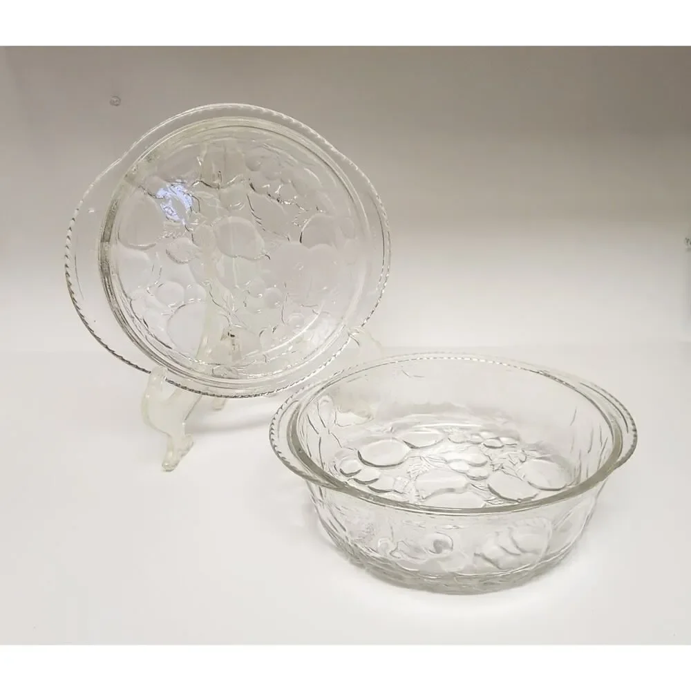 Libbey Orchard Fruit Clear Glass 3Qt Round Casserole Baking Dish & Pie Plate Lid